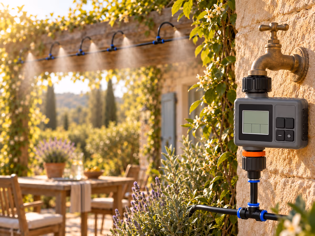 Programmateur d'arrosage à écran LCD fixé sur un robinet de jardin, quatre boutons de réglage, lumière de fin d'après-midi