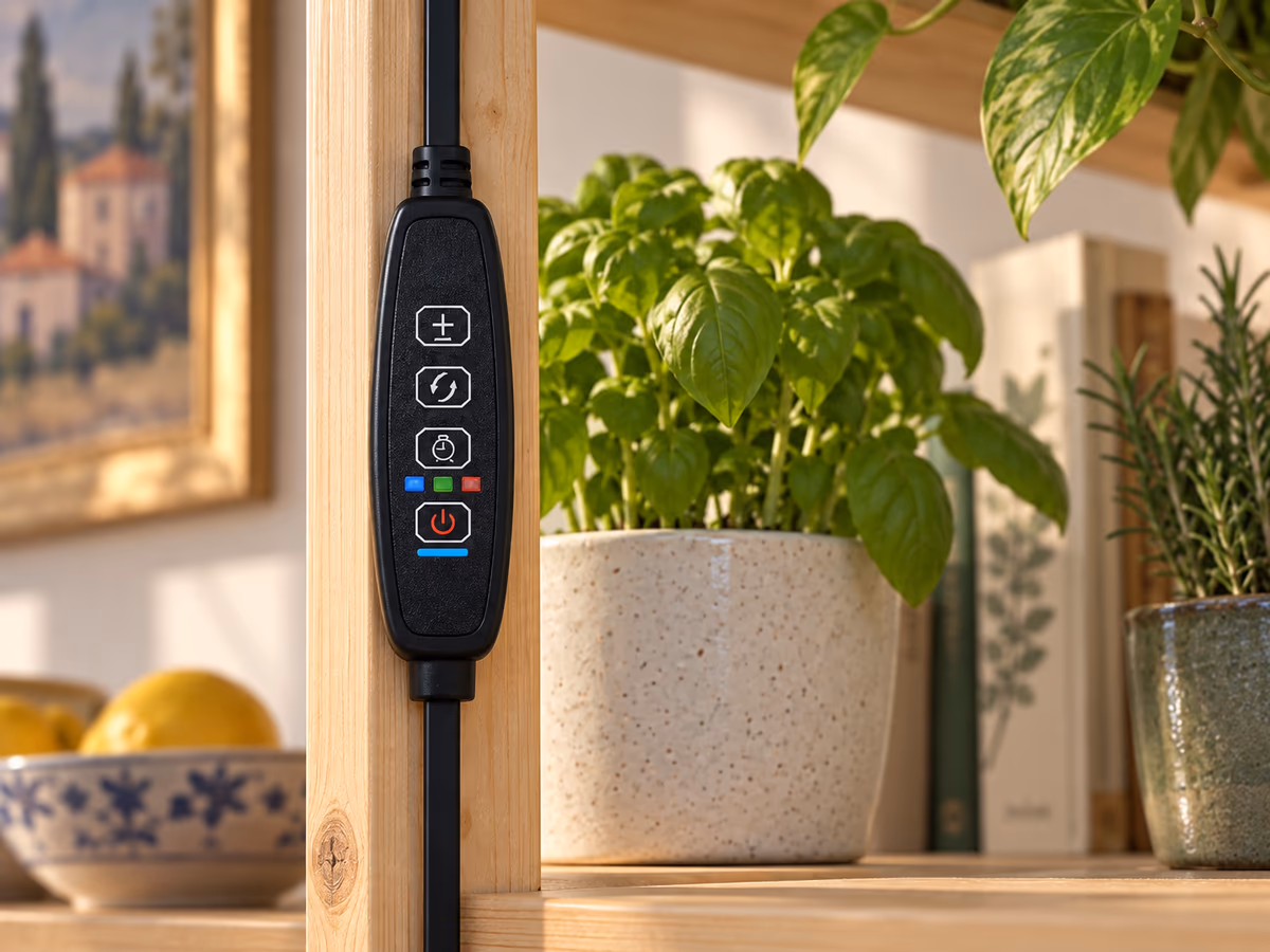 Gros plan sur le boîtier de commande ovale et ses cinq touches posé sur le fil le long d'un montant de meuble en bois