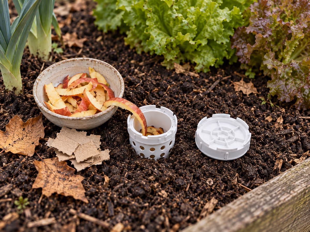 Bol de pelures de pommes et carton brun posés près d'un lombricomposteur de sol ouvert