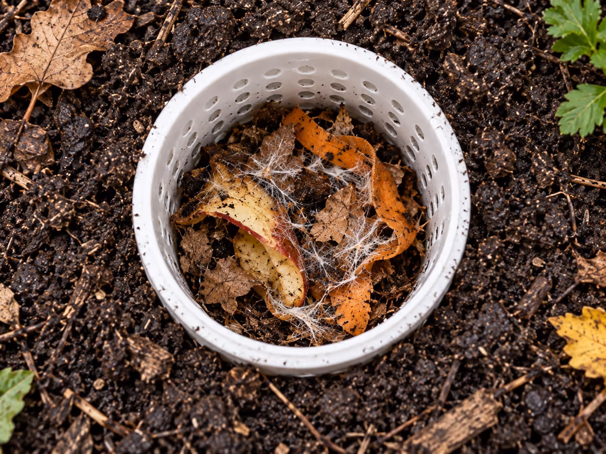 Contenu d'un bac à compost en début de décomposition avec apparition de mycélium blanc sur des feuilles sèches