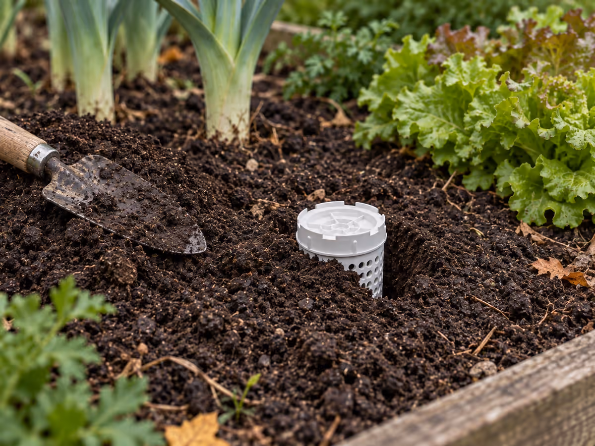 Terre fine ramenée contre la paroi d'un bac à compost enterré, transplantoir posé à côté