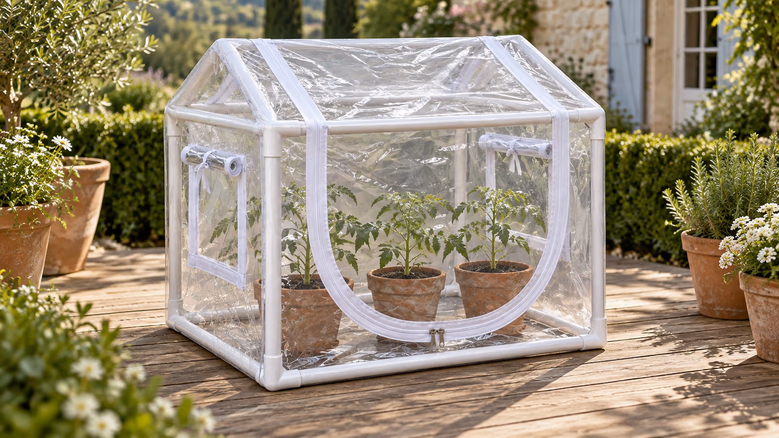 Mini serre transparente de 60 cm posée sur une terrasse, trois pots de plants de tomates à l'intérieur, lumière douce de printemps