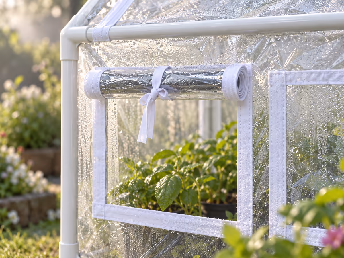 Gros plan sur l'ouverture latérale relevable d'une mini serre transparente, buée légère sur la paroi en PVC au soleil du matin