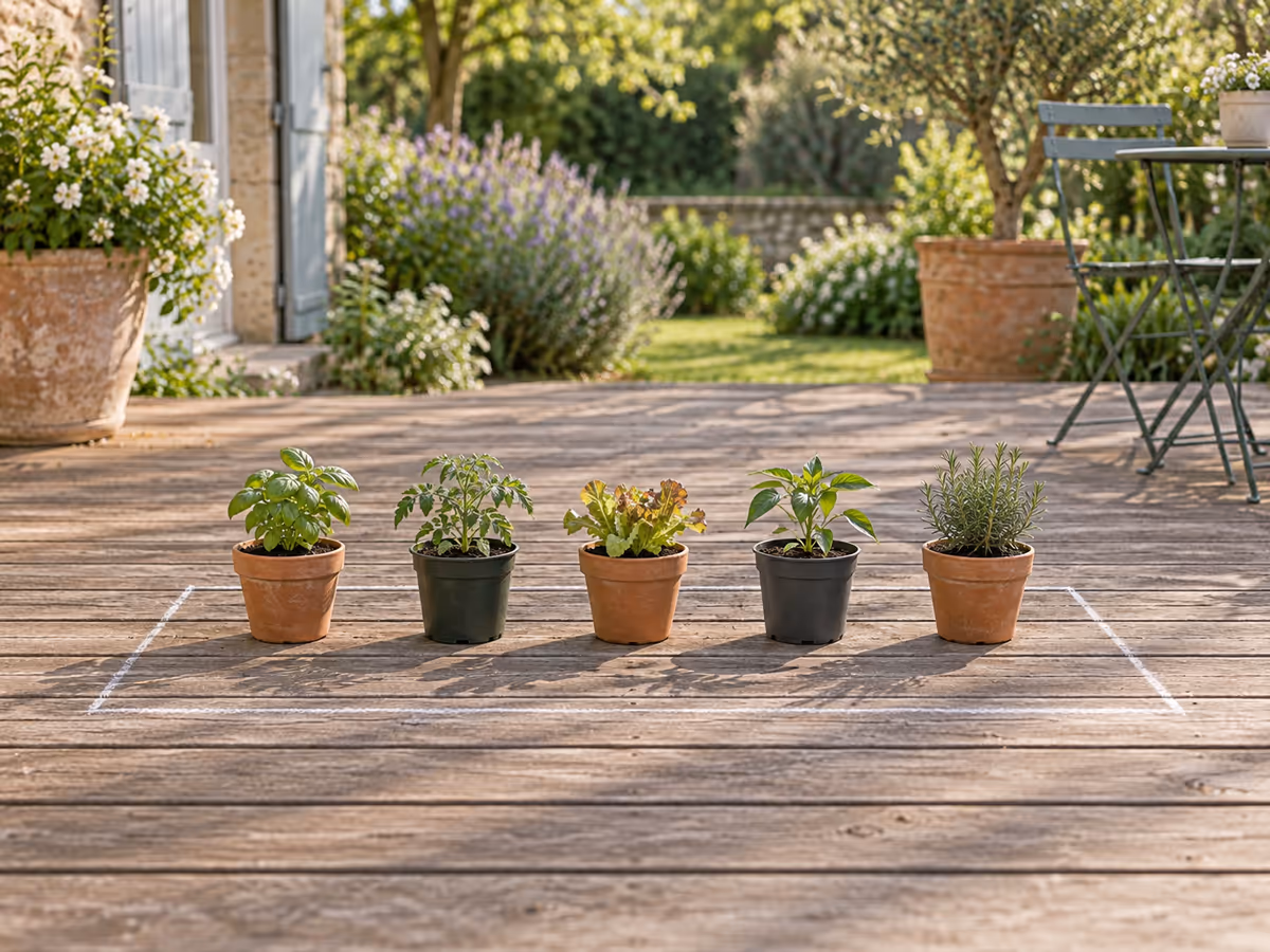 Emplacement marqué au sol sur une terrasse en bois, cinq pots de 12 cm alignés en essai avant le montage de la serre