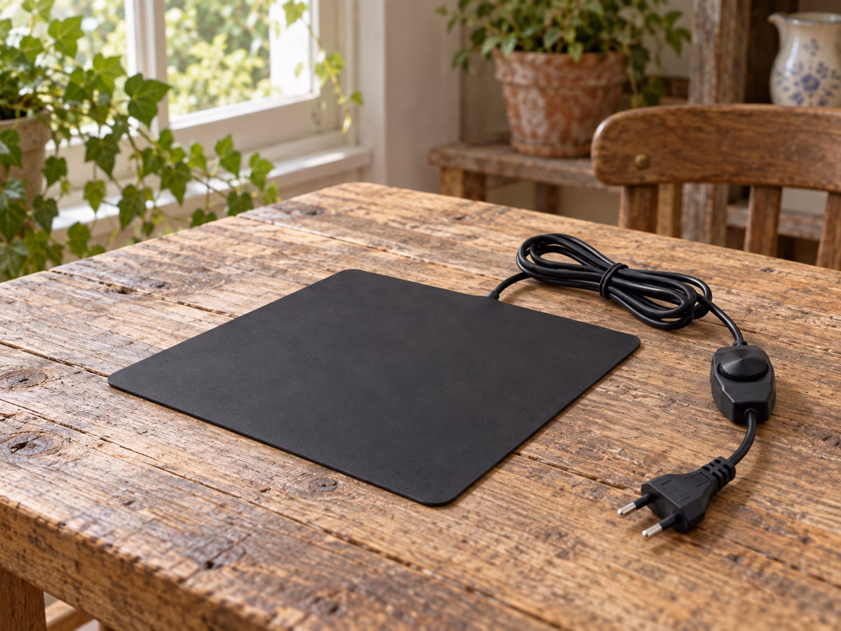 Plaque chauffante noire déroulée à plat sur une table en bois, câble et molette de réglage visibles au premier plan