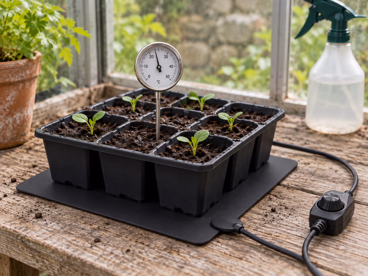 Thermomètre à sonde planté dans une alvéole centrale de terreau d'une barquette posée sur un tapis chauffant noir