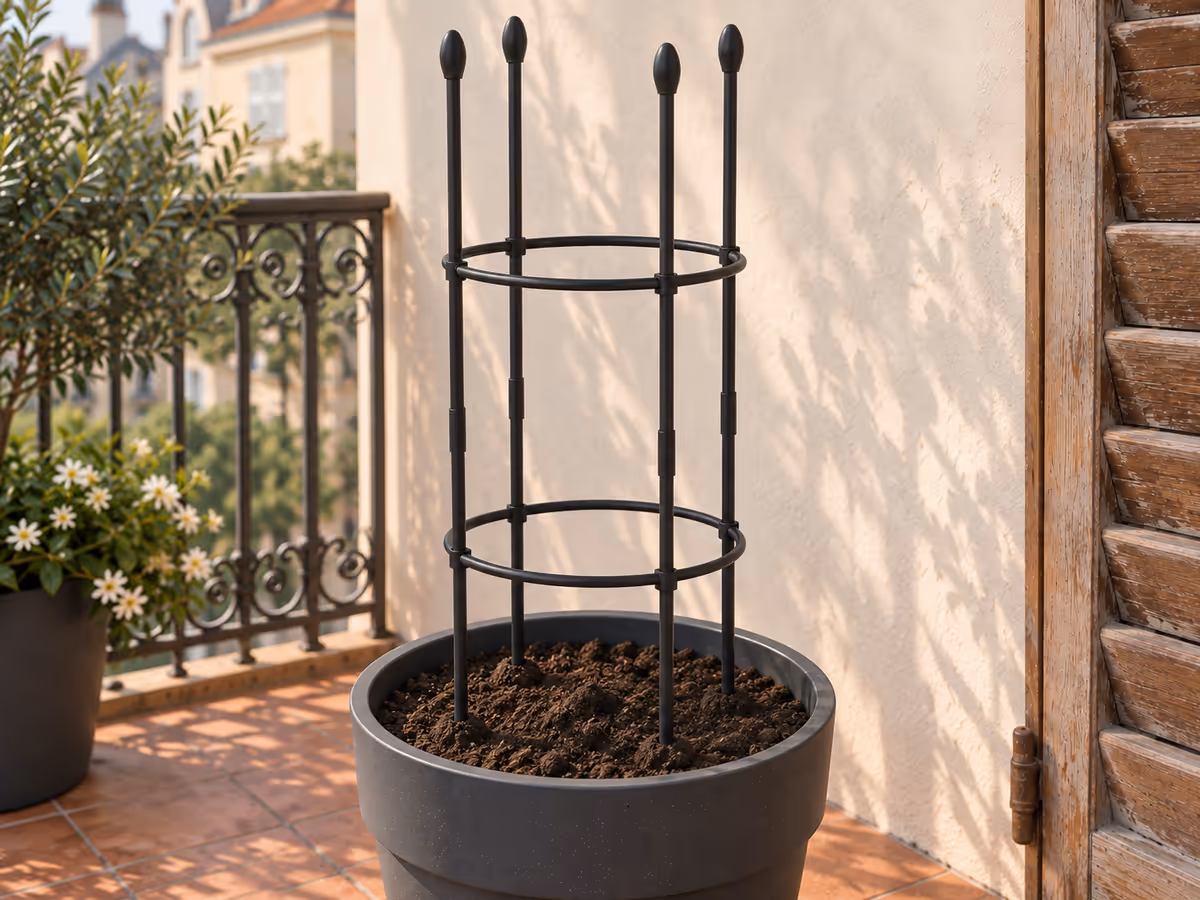 Terreau versé autour des pieds métalliques d'un treillis dans un pot de balcon, deux cercles noirs visibles au-dessus de la surface du substrat
