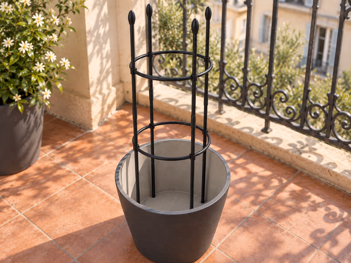 Tour de treillis métallique noir à quatre montants posée dans un grand pot de balcon vide, pieds écartés le long de la paroi intérieure
