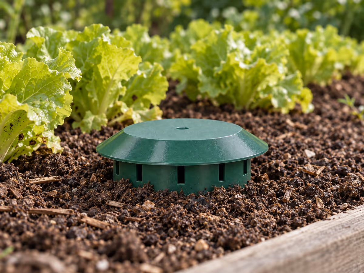 Godet à limaces vert foncé enterré au ras du sol en bordure de planche de salades, couvercle conique affleurant, terre tassée autour