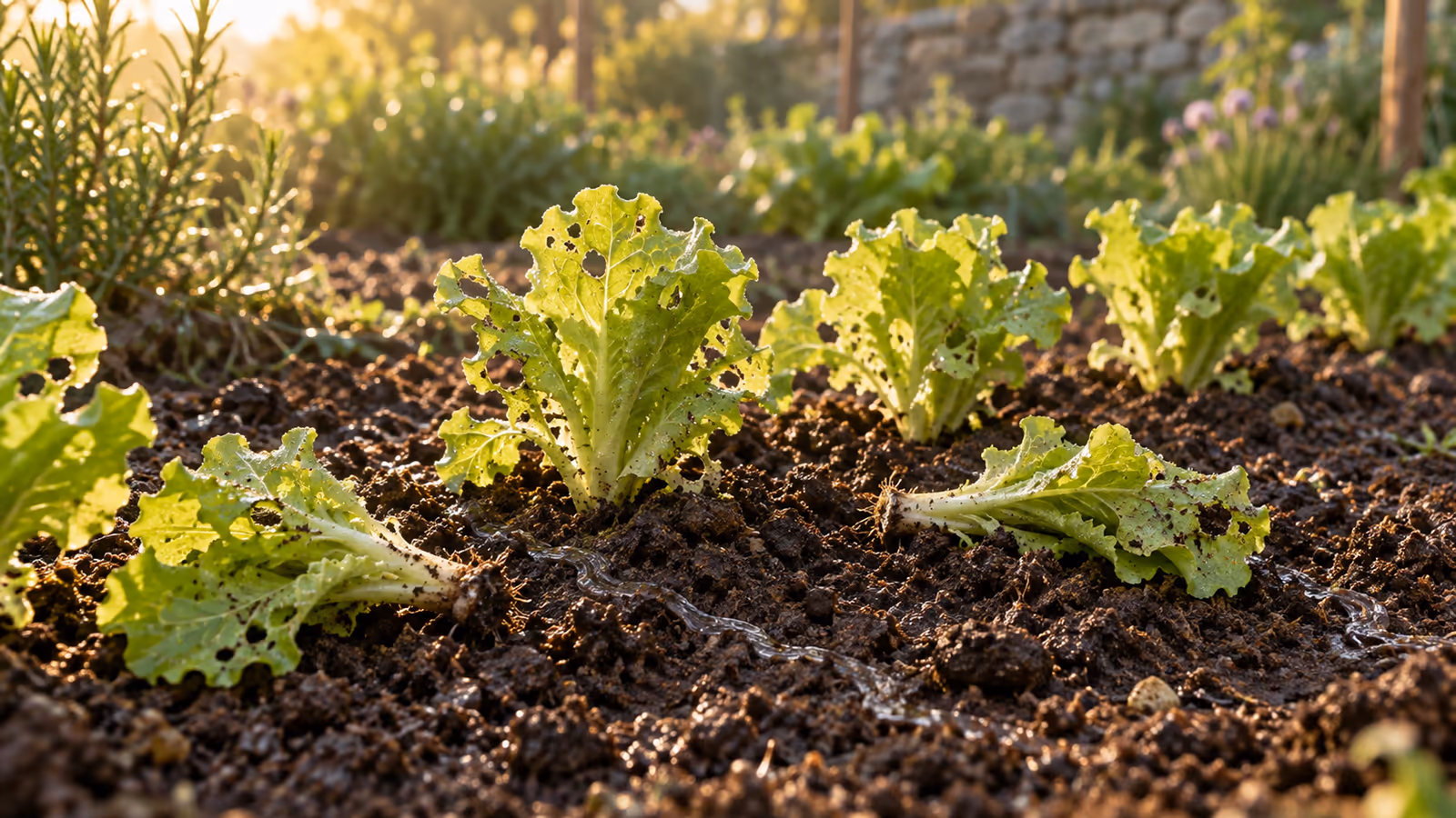 Rang de jeunes salades au potager au lever du jour, deux plants couchés au sol, feuilles trouées et terre humide striée de traînées brillantes