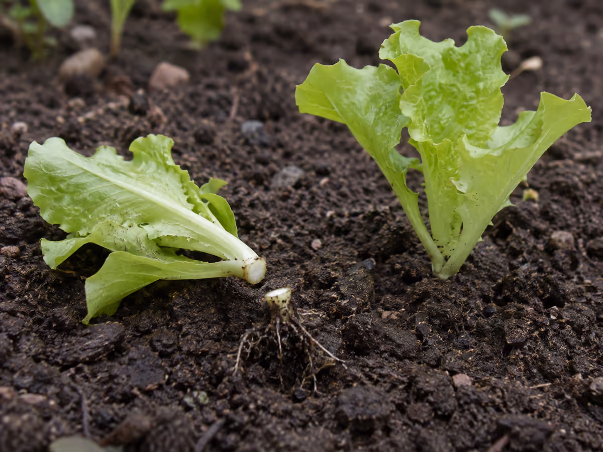 Jeune plant de salade couché sur une terre de potager, collet sectionné net, sans trace de bave, voisin intact