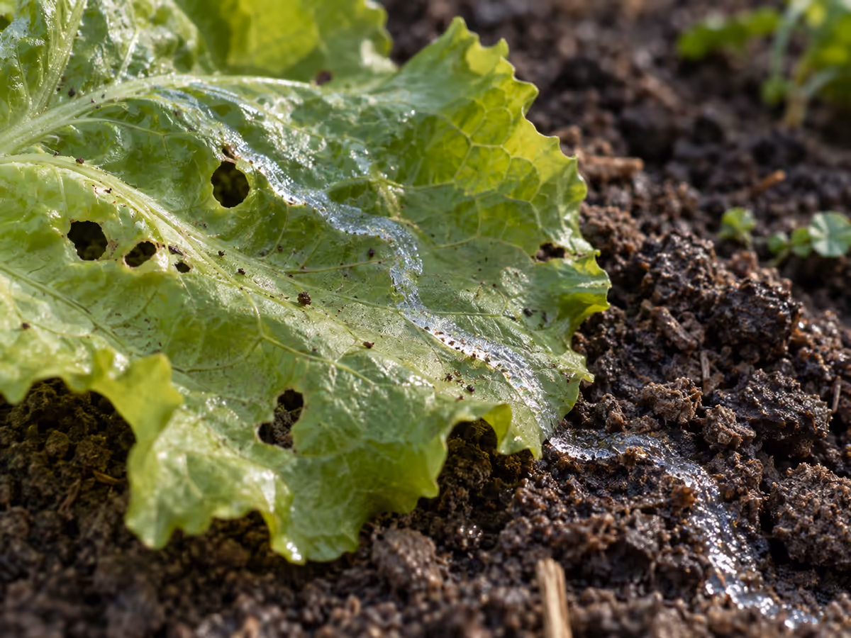 Traînée de bave argentée séchée sur une feuille de laitue et sur la terre fraîche d'un potager au matin