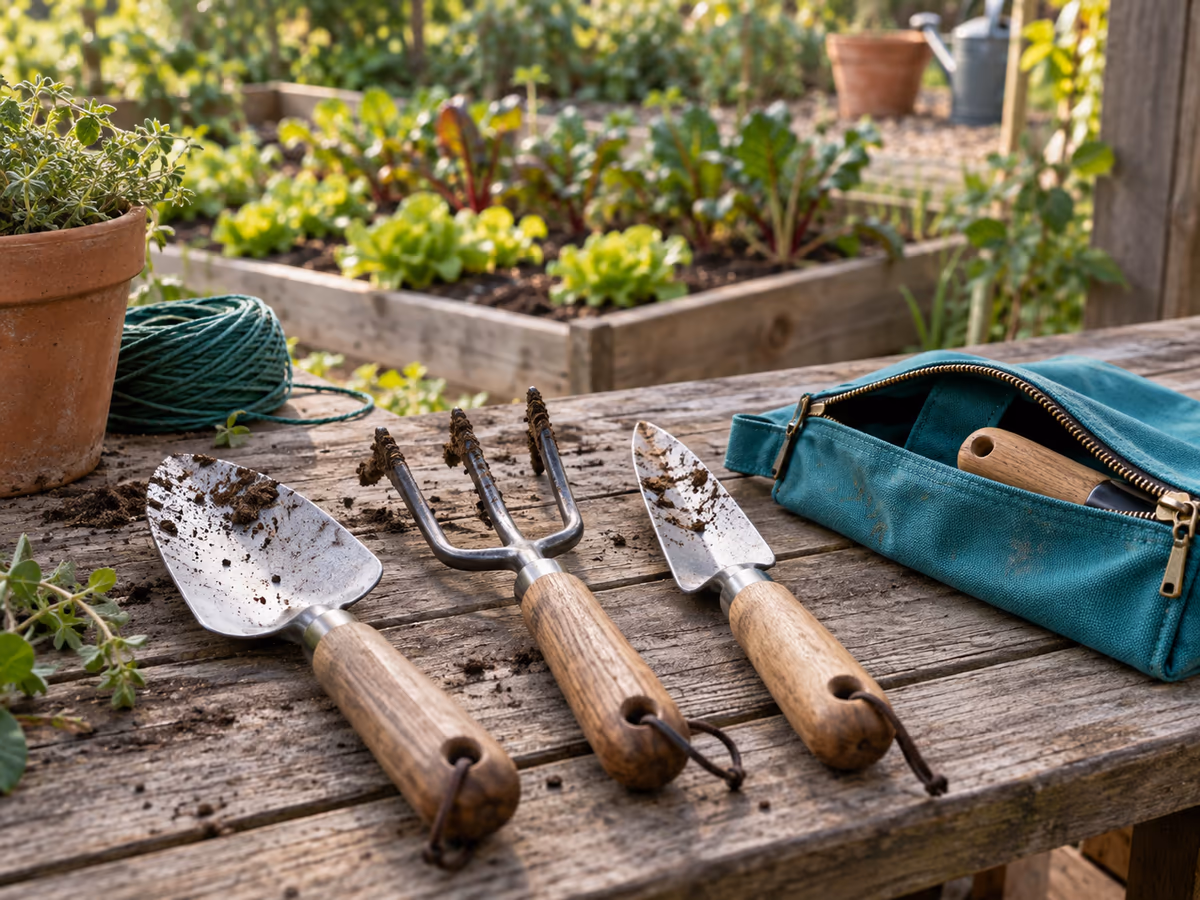 Truelle, griffe à trois dents et transplantoir à manches de bois alignés sur un établi de jardin, pochette à outils en toile turquoise ouverte à côté