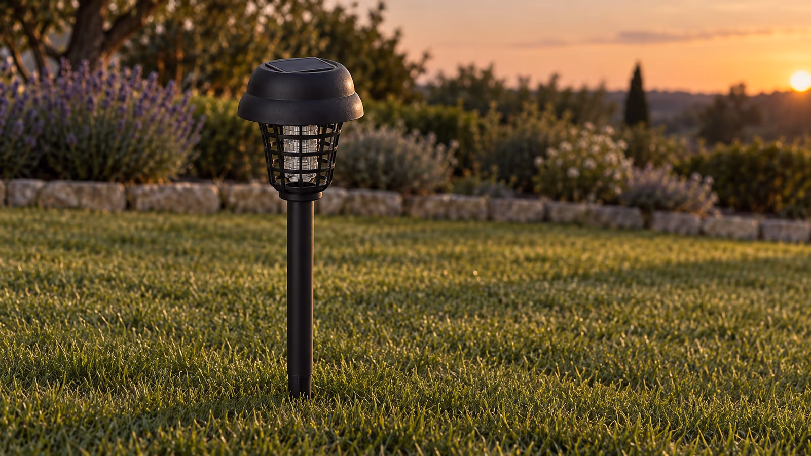 Lampe anti moustique solaire sur piquet plantée dans une pelouse rase au crépuscule, tête noire et cage métallique visibles