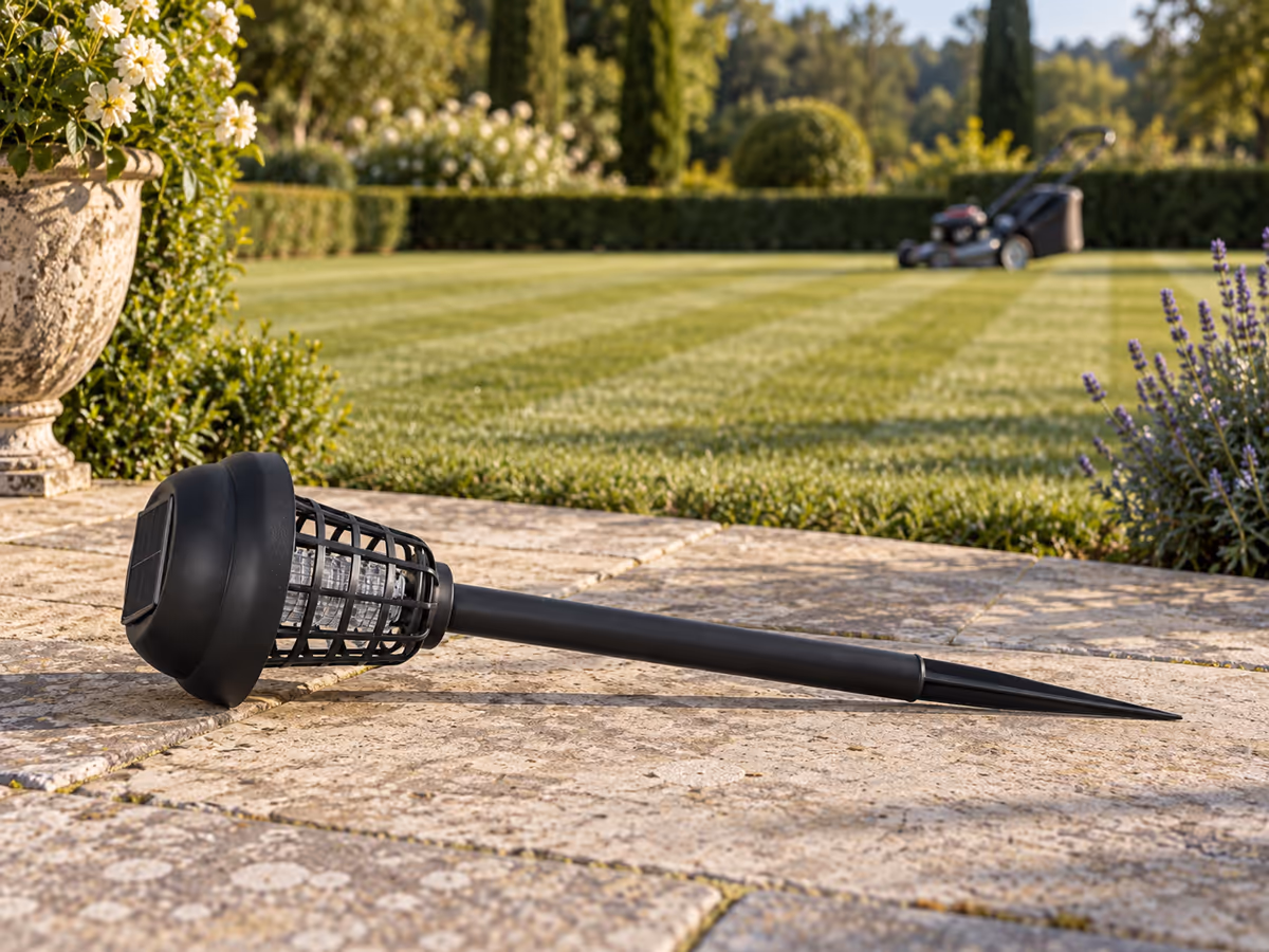 Lampe solaire sur piquet déposée sur une terrasse dallée, pelouse fraîchement tondue et tondeuse en arrière-plan flou
