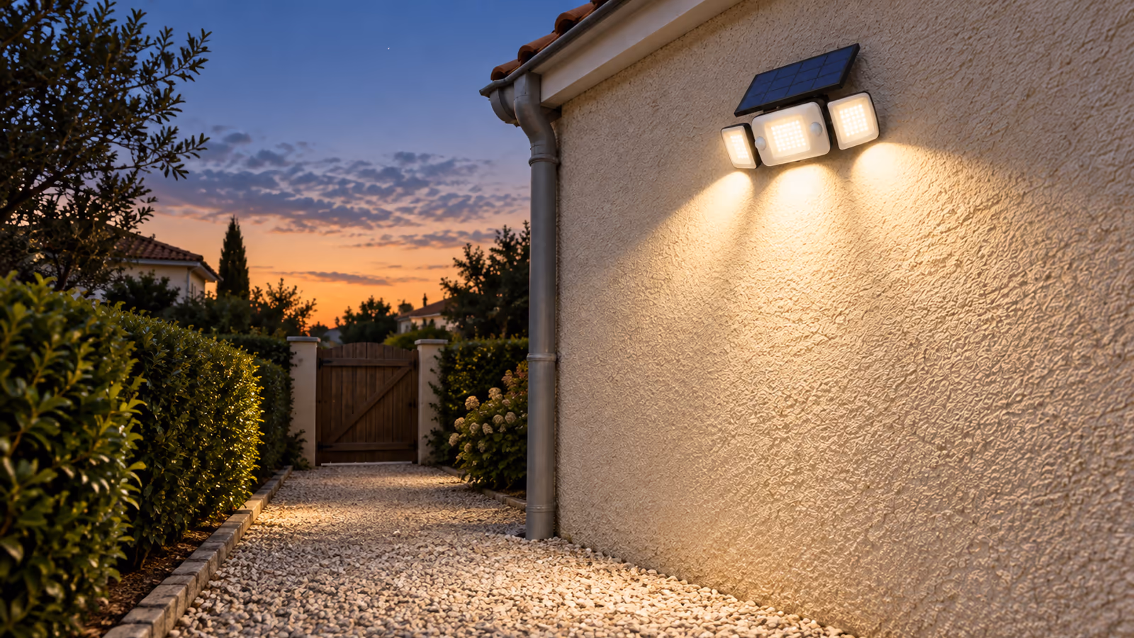 Cour de maison au crépuscule, lampe solaire noire à trois têtes fixée sur un mur crépi, faisceaux dirigés vers une allée de gravier qui rejoint un portail
