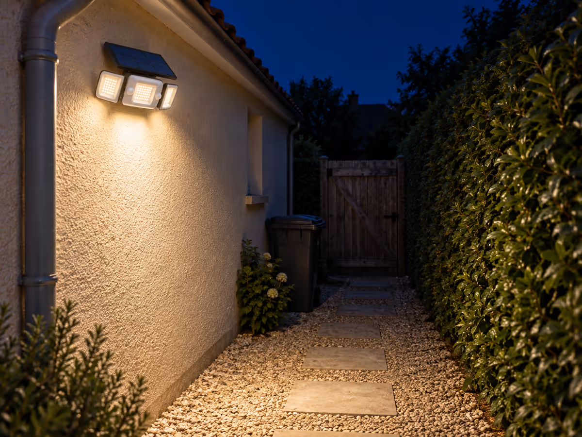 Allée latérale étroite entre un mur de maison et une haie, lampe solaire à trois têtes allumée en pleine puissance au-dessus d'un portillon