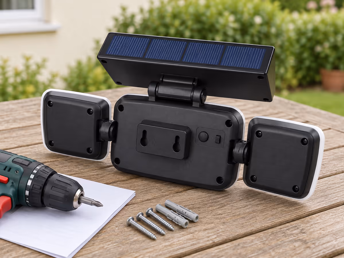 Dos d'une lampe solaire noire posée sur une table de jardin avant la fixation, boutons de réglage visibles sous le panneau solaire, perceuse et vis posées à côté