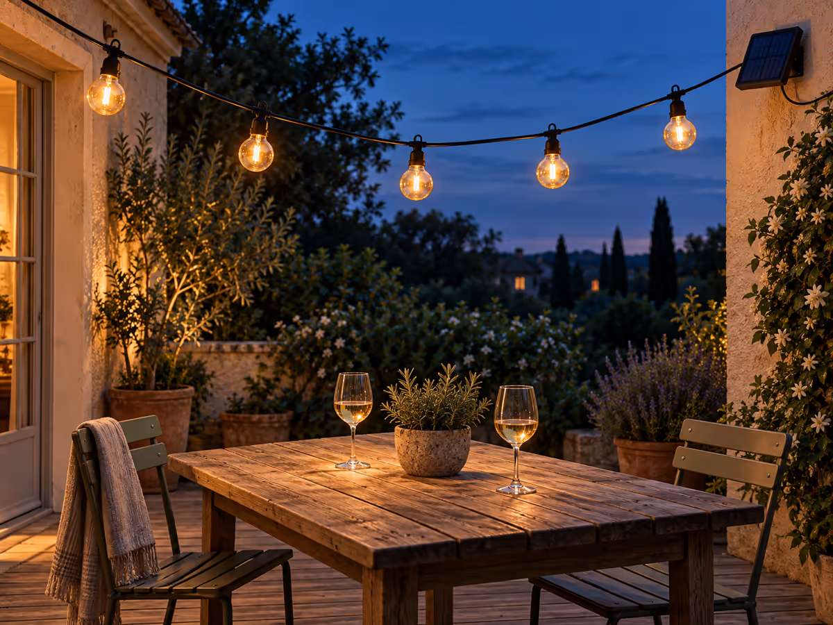Terrasse en bois au début de soirée, guirlande solaire à grosses ampoules tendue entre deux murs, lueur chaude et régulière sur une table de jardin