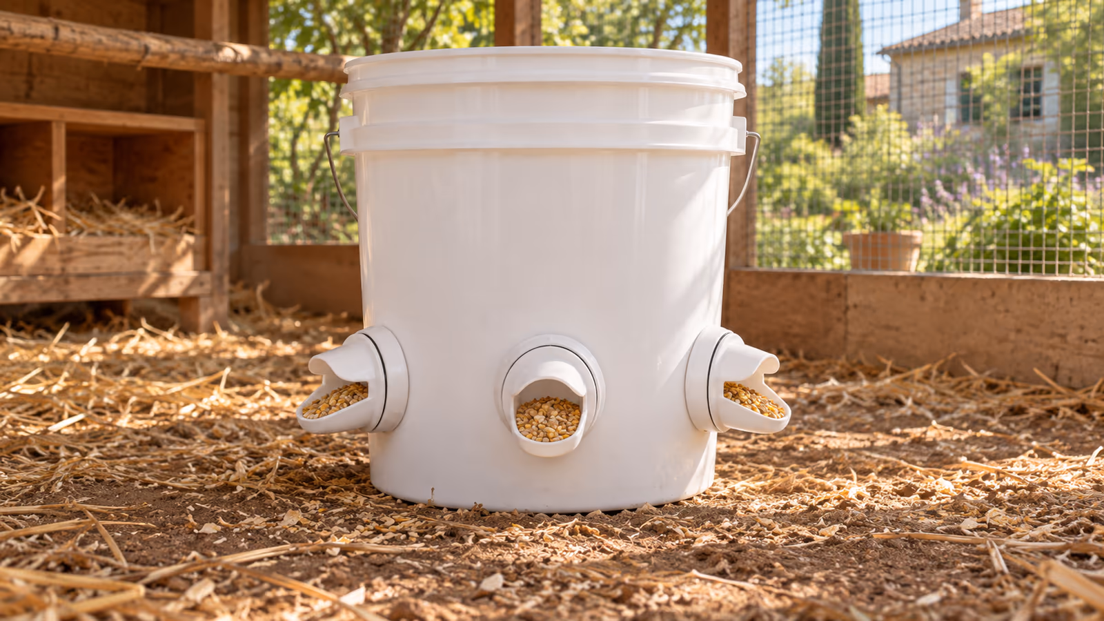 Trois ports d'alimentation blancs montés à la même hauteur sur un baril plastique dans un poulailler, grain visible dans les auges