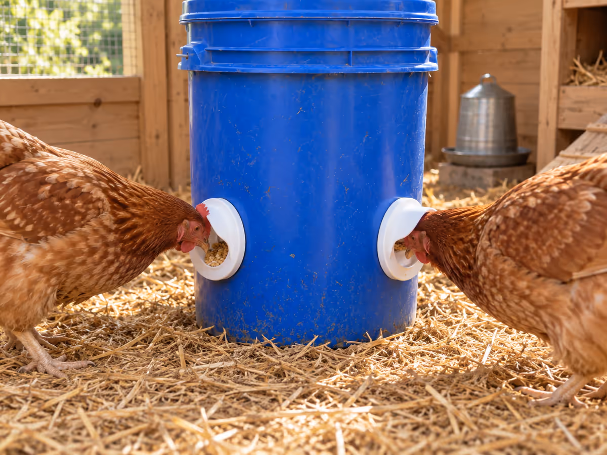 Deux poules rousses picorant dans les auges blanches des ports d'un baril plastique, paille propre au sol dans un poulailler éclairé