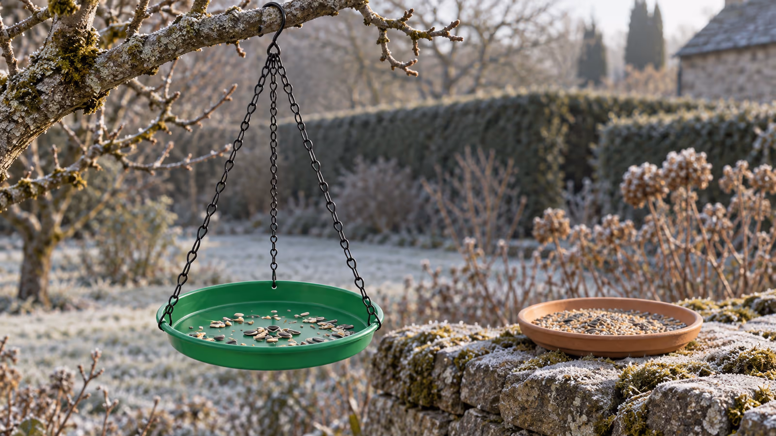 Plateau vert suspendu à une branche de pommier, soucoupe en terre cuite posée sur un muret voisin, matin d'hiver