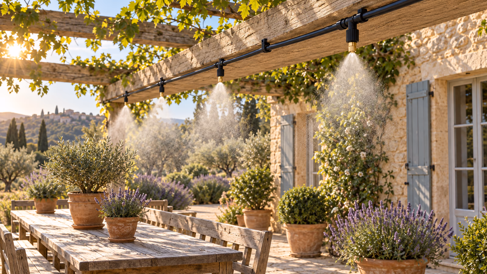 Fine brume flottant sous une pergola en bois au-dessus d'une table de terrasse, en fin d'après-midi d'été