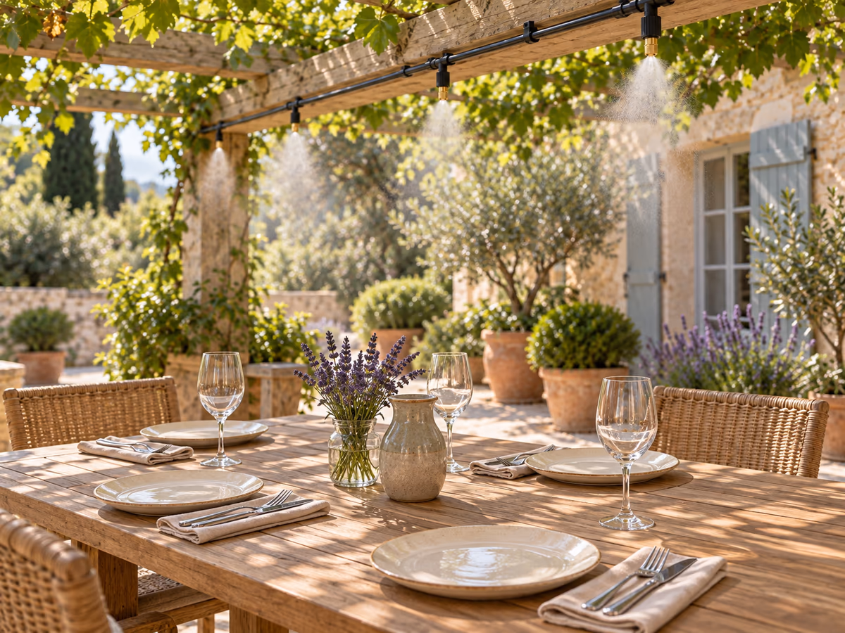 Table de repas dressée sur une terrasse ombragée, verres et couverts prêts, végétation en arrière-plan