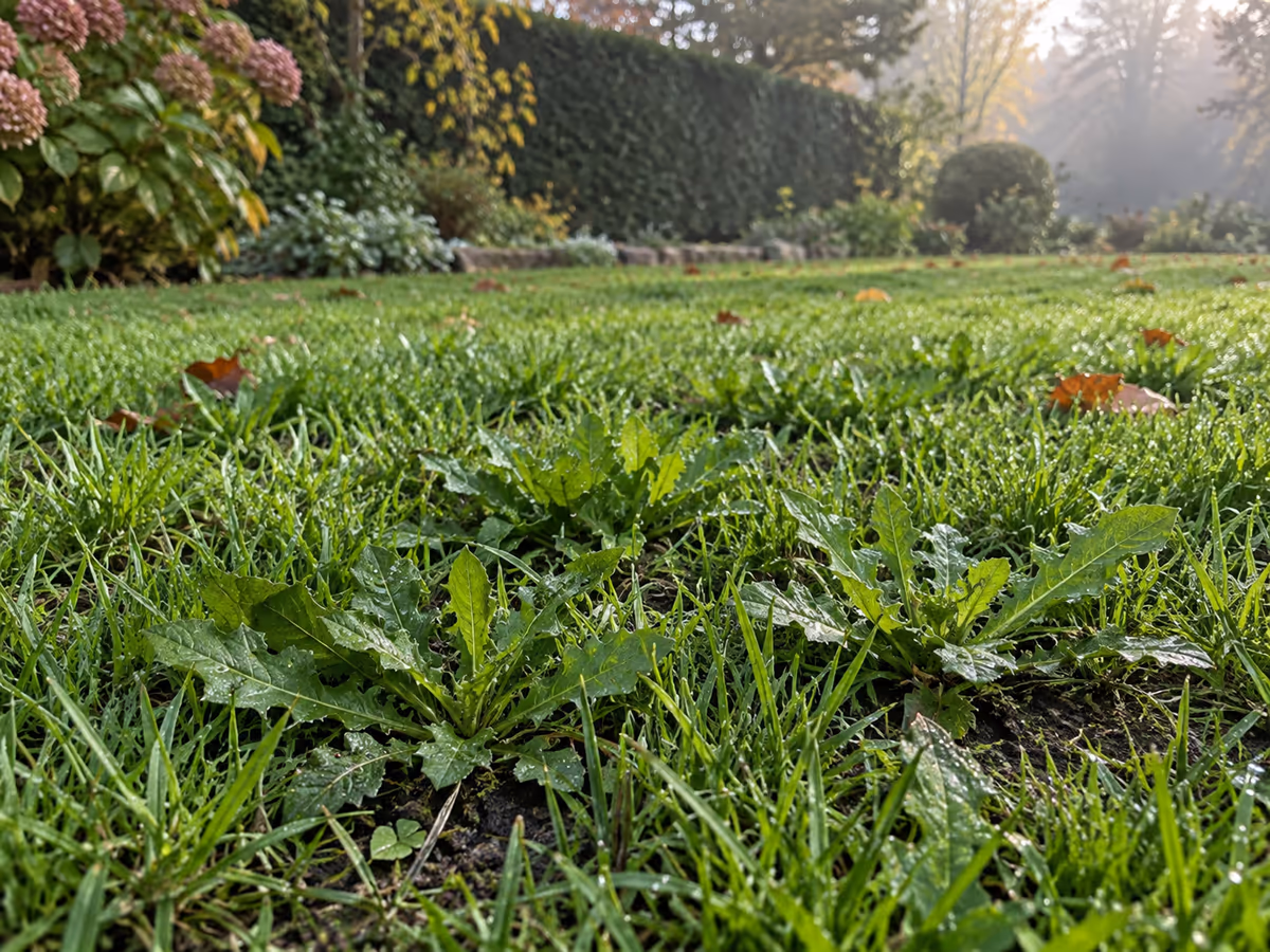 Rosettes de pissenlit jeunes et serrées sur une pelouse humide d'arrière-saison, feuilles encore tendres au ras de l'herbe, sol souple et brun