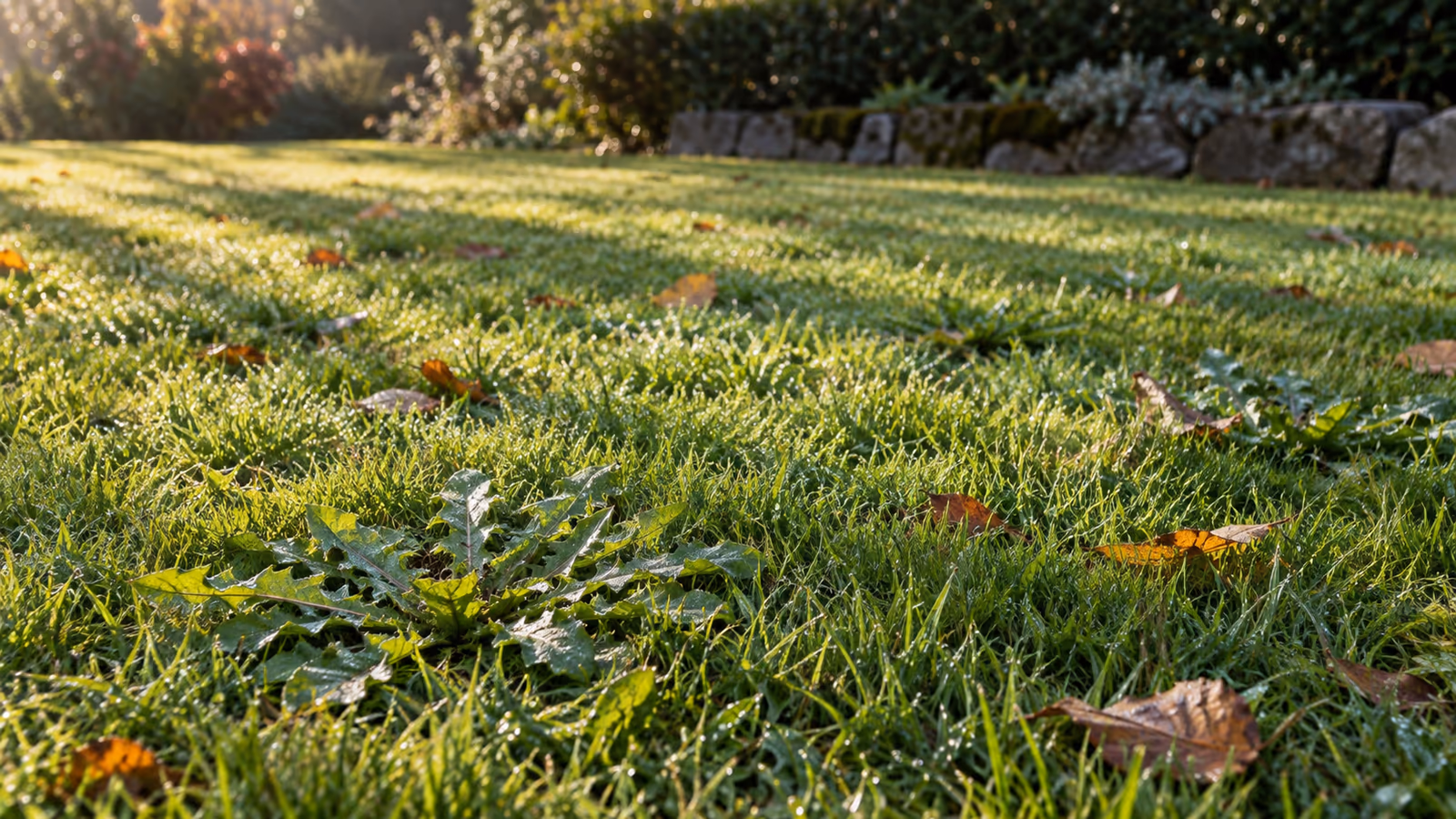 Pelouse de jardin en début d'automne, rosettes de pissenlit jeunes et plaquées au sol dans une herbe courte et dense, lumière rasante du matin