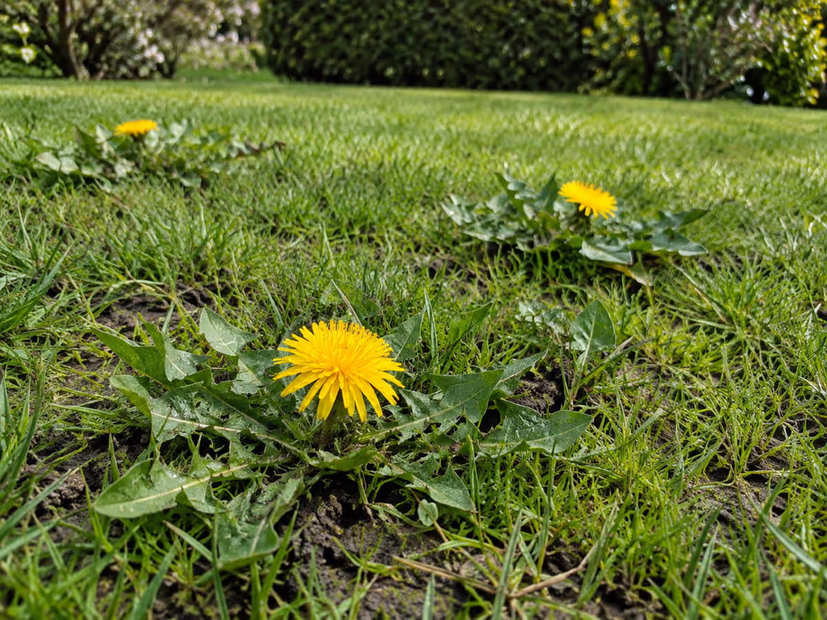 Pelouse au printemps, rosettes de pissenlit bien dégagées après une tonte rase, une hampe florale jaune ouverte au premier plan, terre encore humide