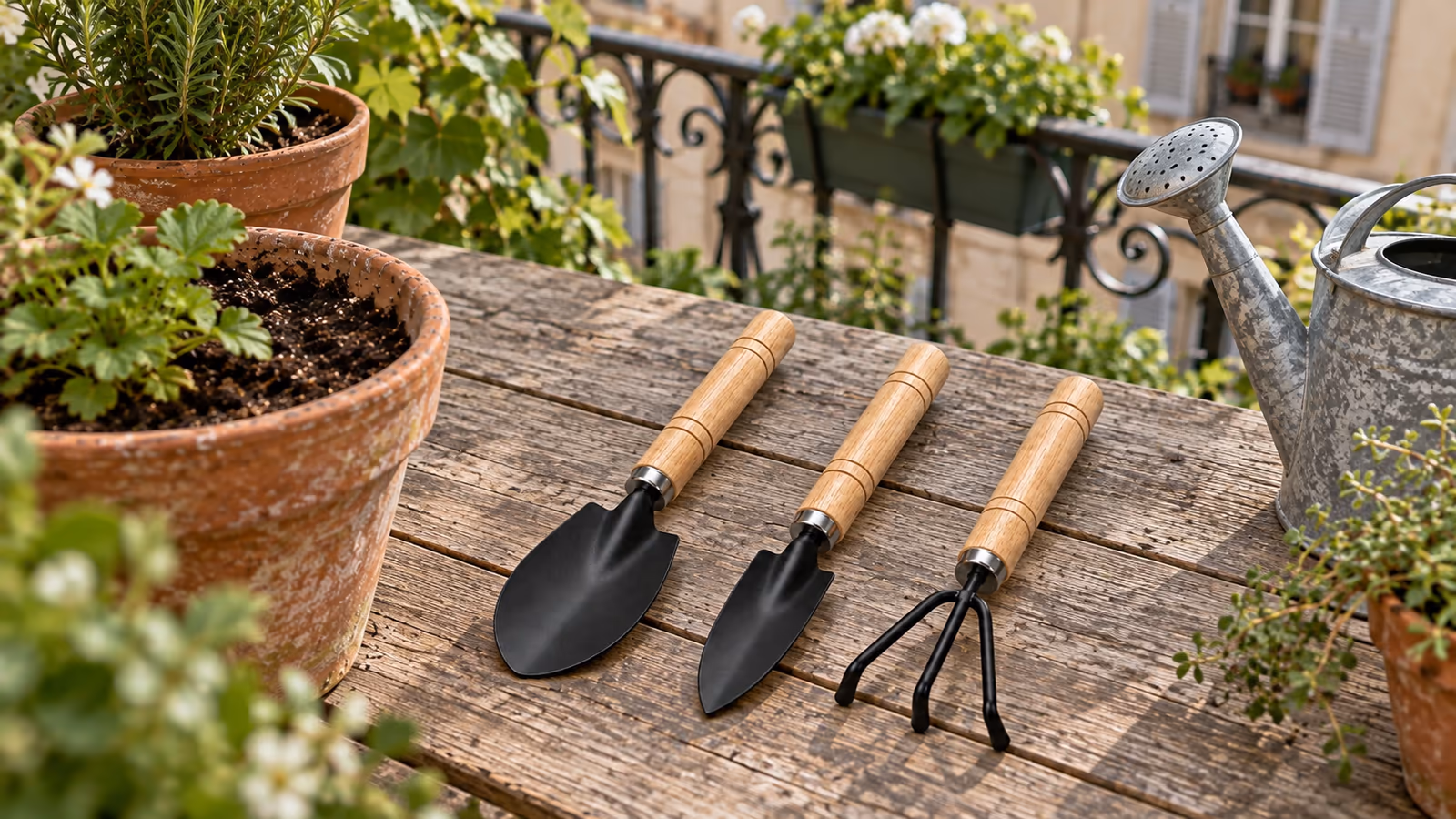 Trois outils à main à manches de bois clair alignés sur une table de balcon, devant un pot de terre cuite et un arrosoir