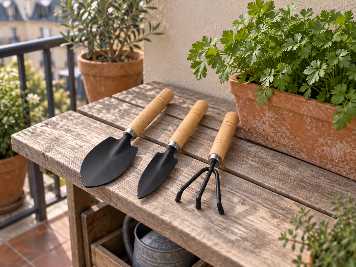Râteau à trois dents et deux truelles posés sur une étagère de balcon, à côté d'une jardinière de persil