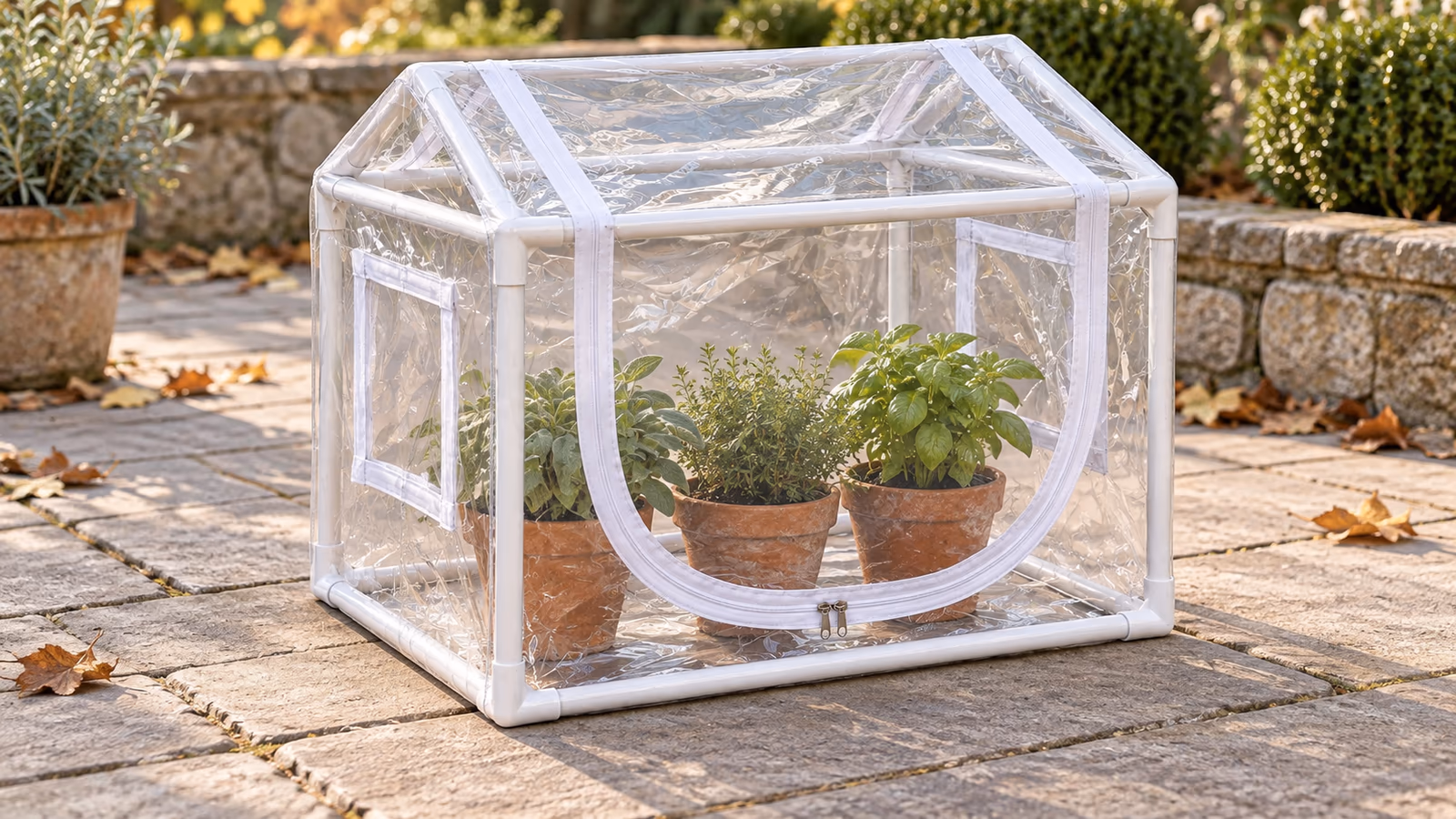 Mini serre extérieure transparente à armature blanche posée sur une terrasse, quelques petits pots alignés à l'intérieur