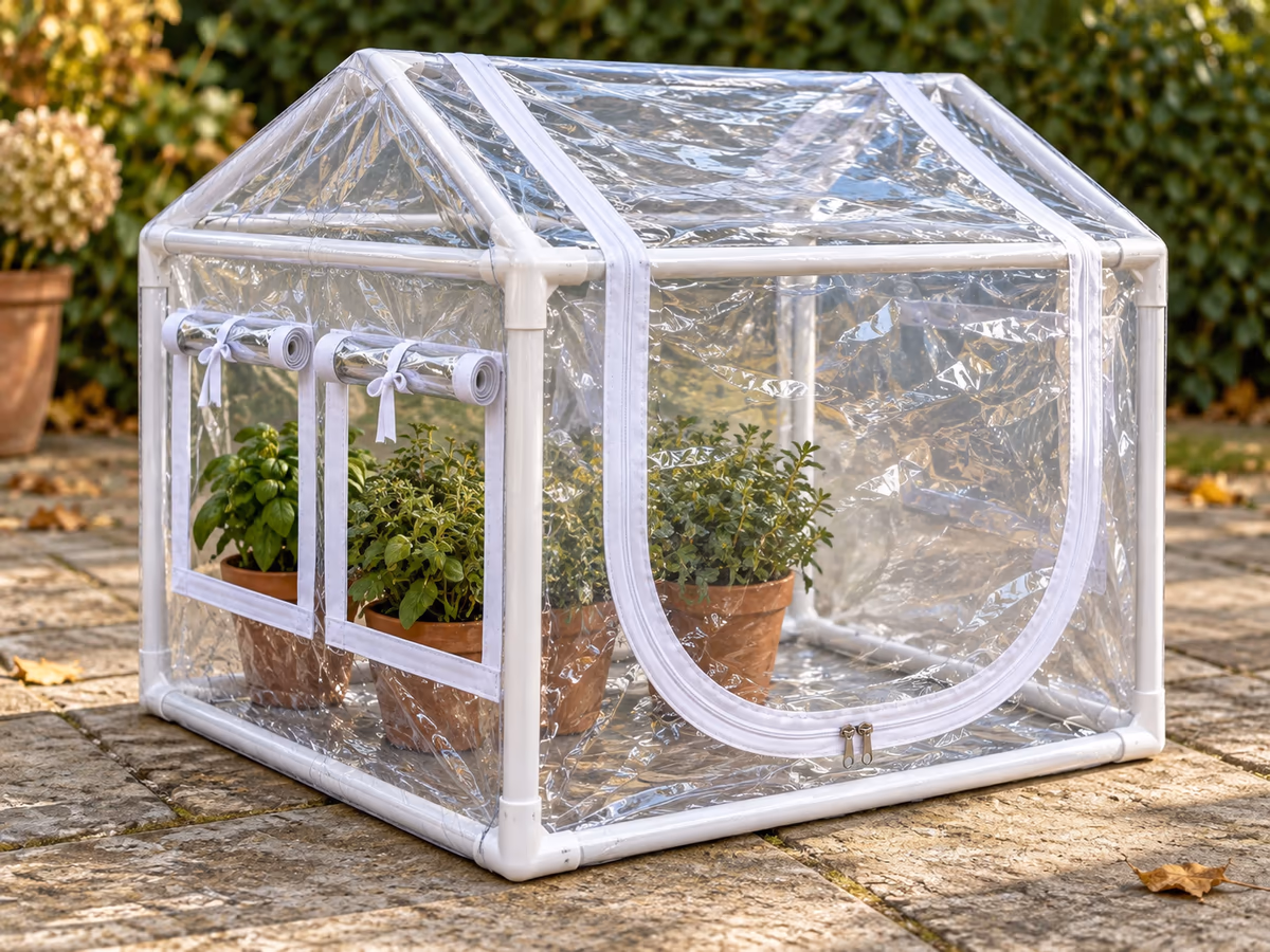 Ouvertures latérales relevées sur la housse transparente d'une mini serre, pots visibles à l'intérieur