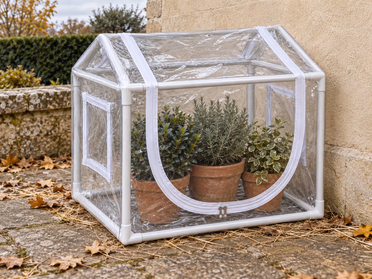 Pots regroupés contre un mur de terrasse sous un abri transparent, feuillage visible derrière la paroi