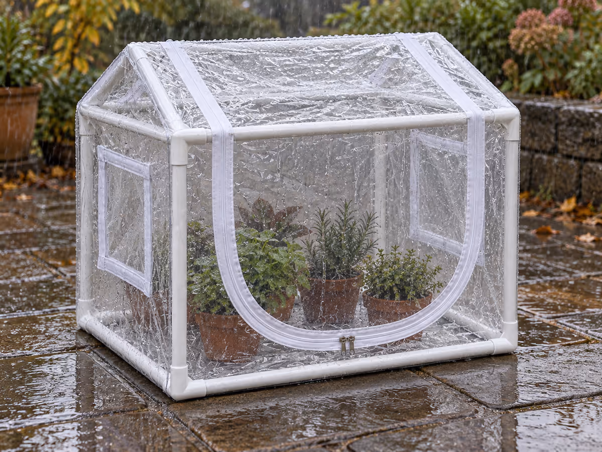 Pots de plantes abrités sous une housse transparente pendant une averse, gouttes ruisselant sur la paroi