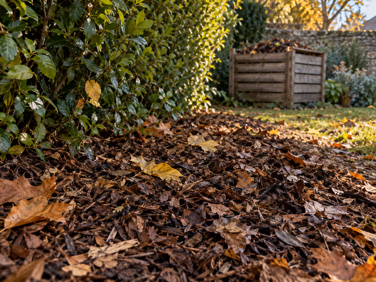 Feuilles mortes fragmentées déposées au pied d'une haie, bac à compost en bois en arrière-plan