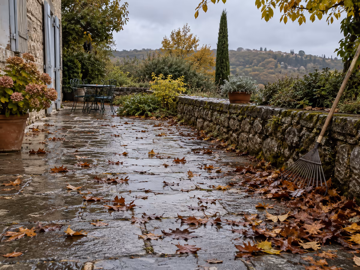 Feuilles mortes plaquées par la pluie sur les dalles d'une terrasse, râteau posé contre un muret