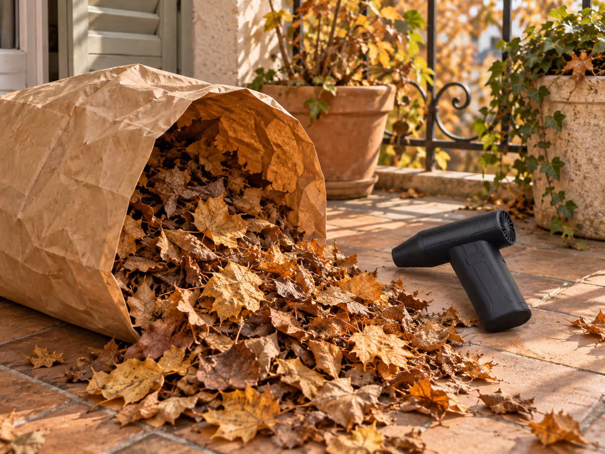 Tas de feuilles mortes poussé dans un sac en papier ouvert à l'angle d'un balcon, en automne