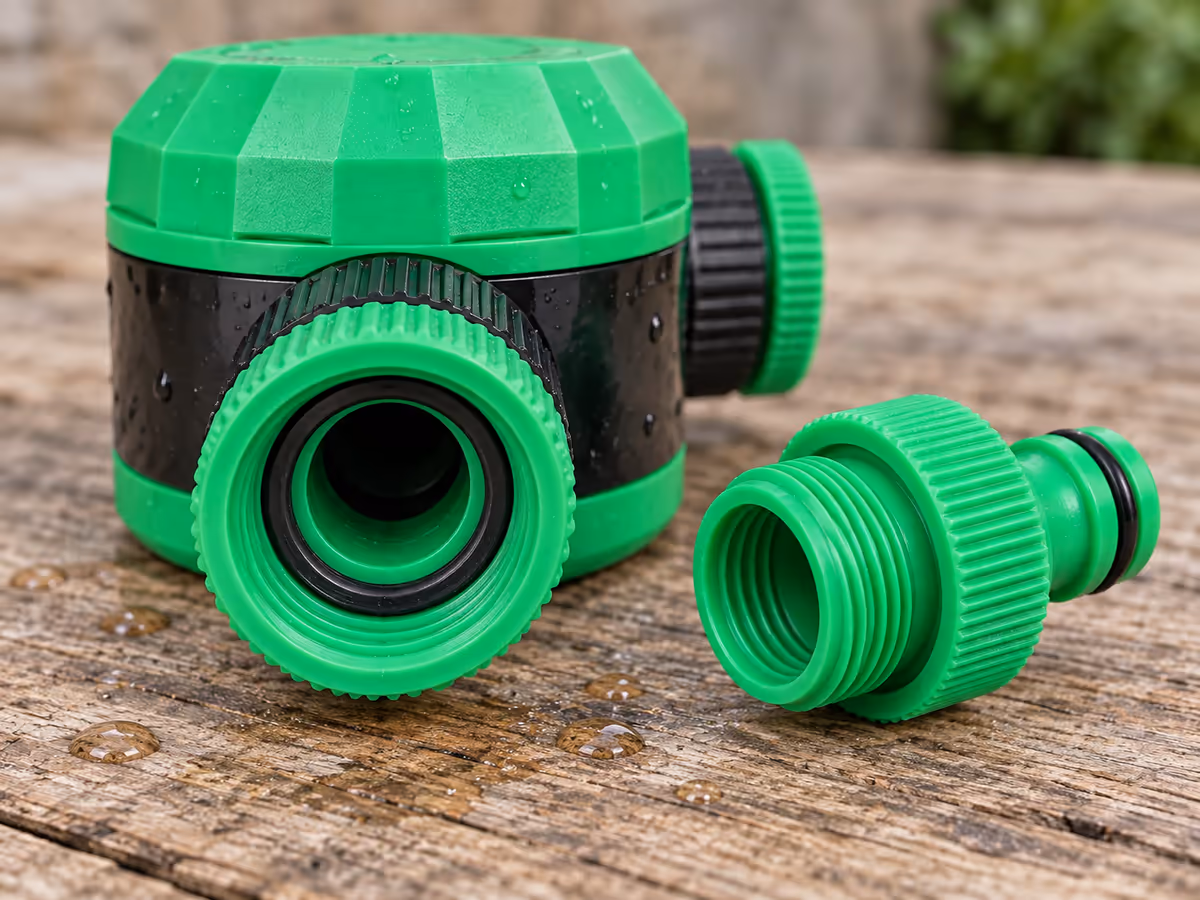 Entrée femelle 3/4 pouce d'un boîtier plastique vue de face, joint torique en place, adaptateur à filetage mâle posé à côté