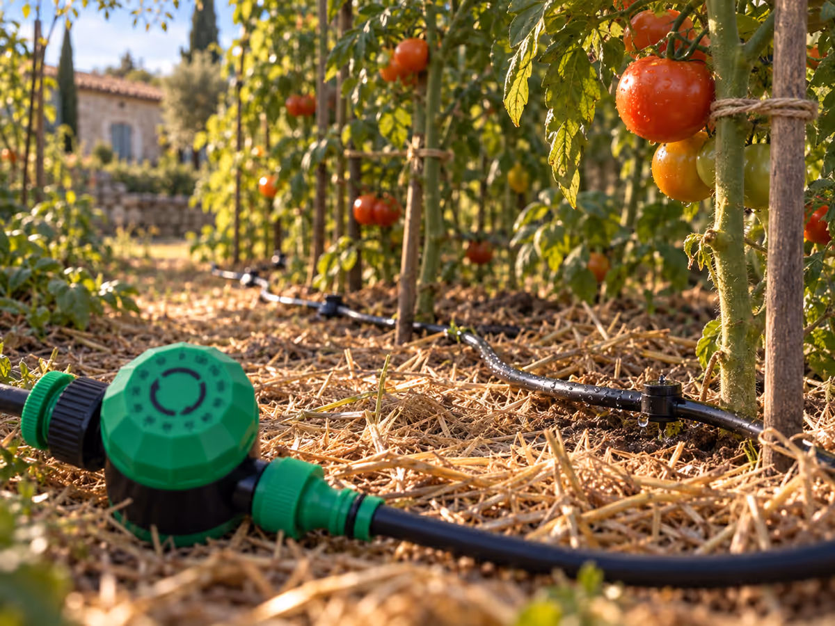 Ligne de goutte-à-goutte noire serpentant entre des pieds de tomates paillés, alimentée par un boîtier vert et noir