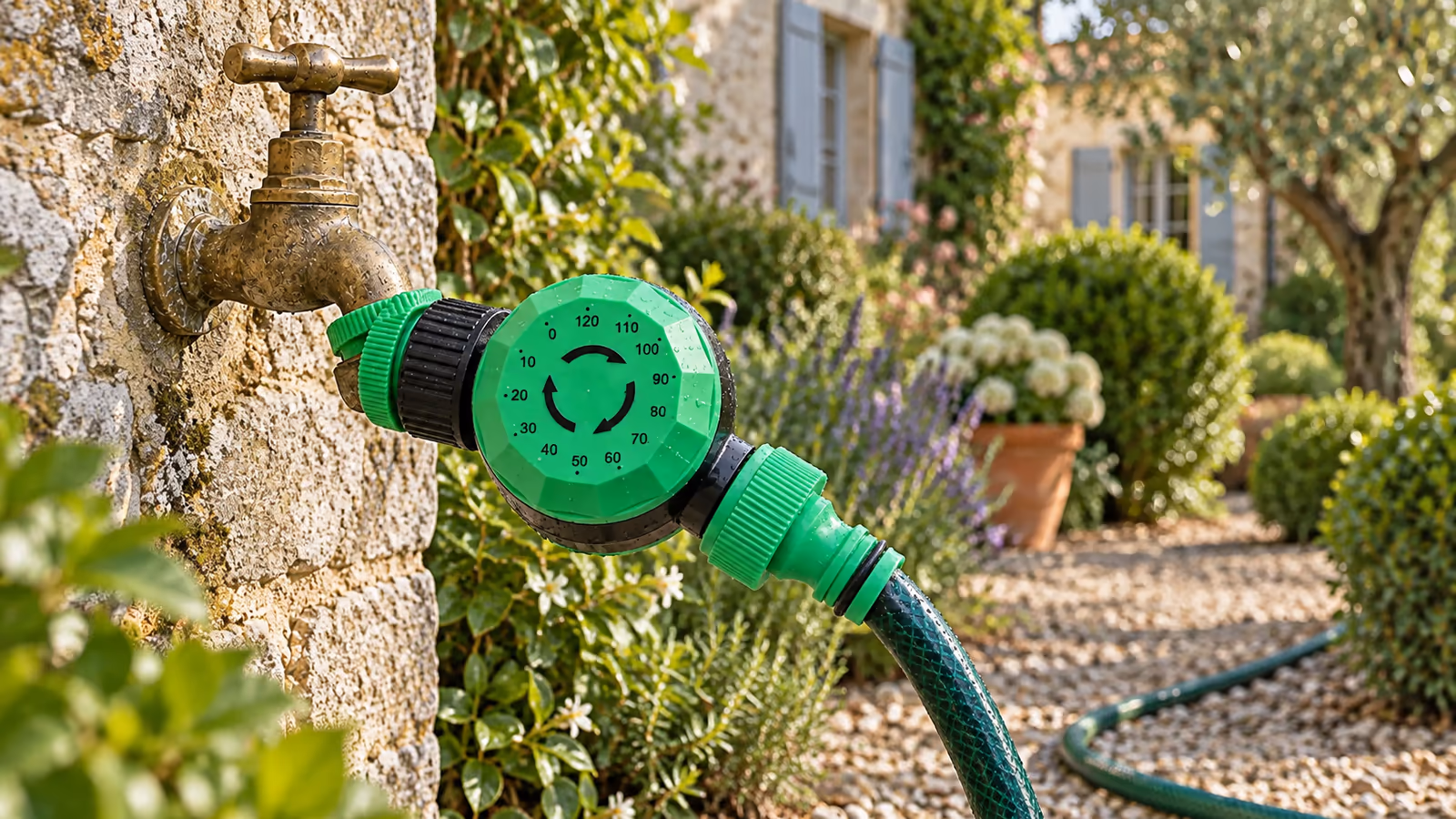 Minuteur d'arrosage mécanique vissé sur un robinet extérieur, cadran gradué visible, tuyau vert branché