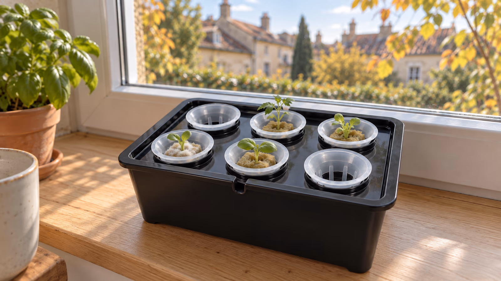 Bac de germination hydroponique noir à couvercle percé posé contre une fenêtre, cubes de semis clairs dans les paniers en maille, un fin voile blanchâtre sur la surface d'un cube