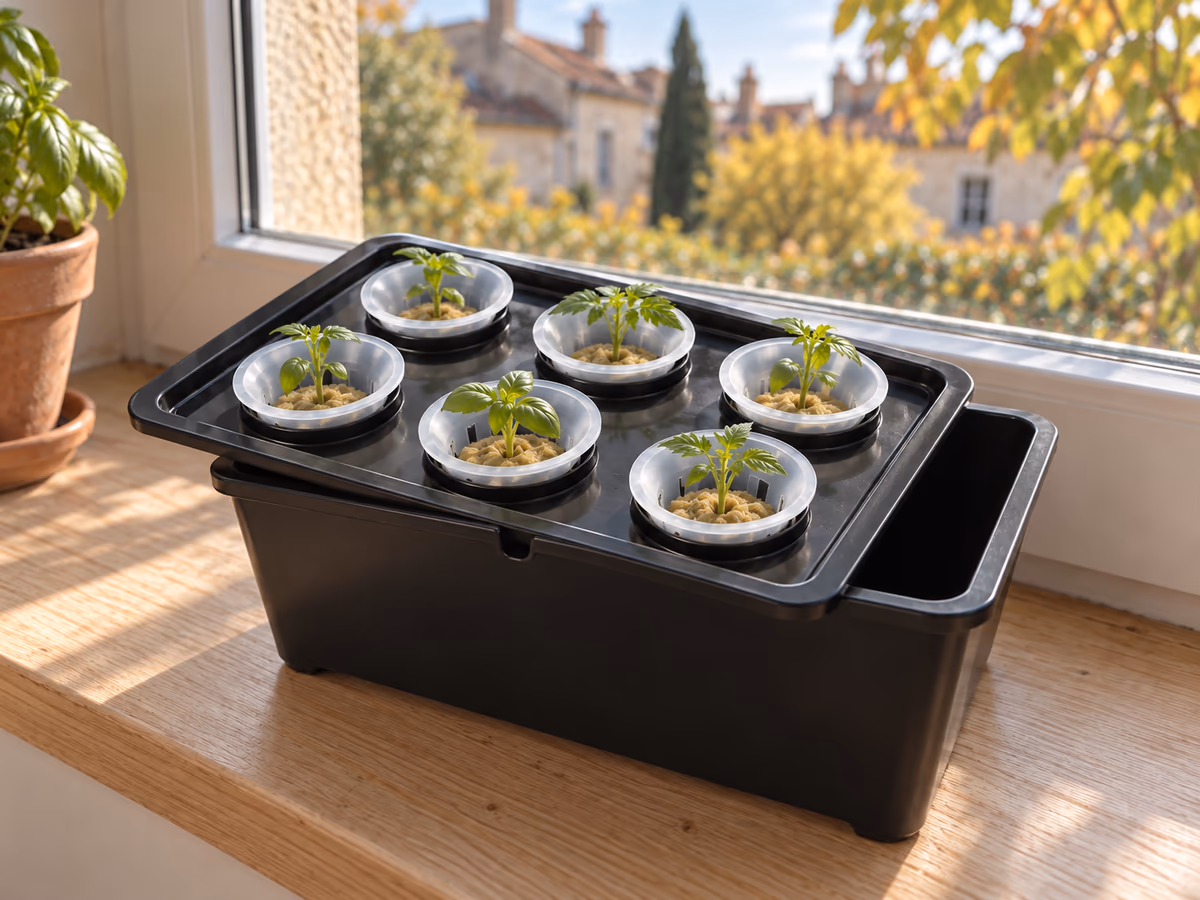 Couvercle noir percé de six ouvertures posé de biais sur un bac hydroponique transparent, cubes de semis et jeunes plantules visibles dans les paniers en maille, lumière de fenêtre