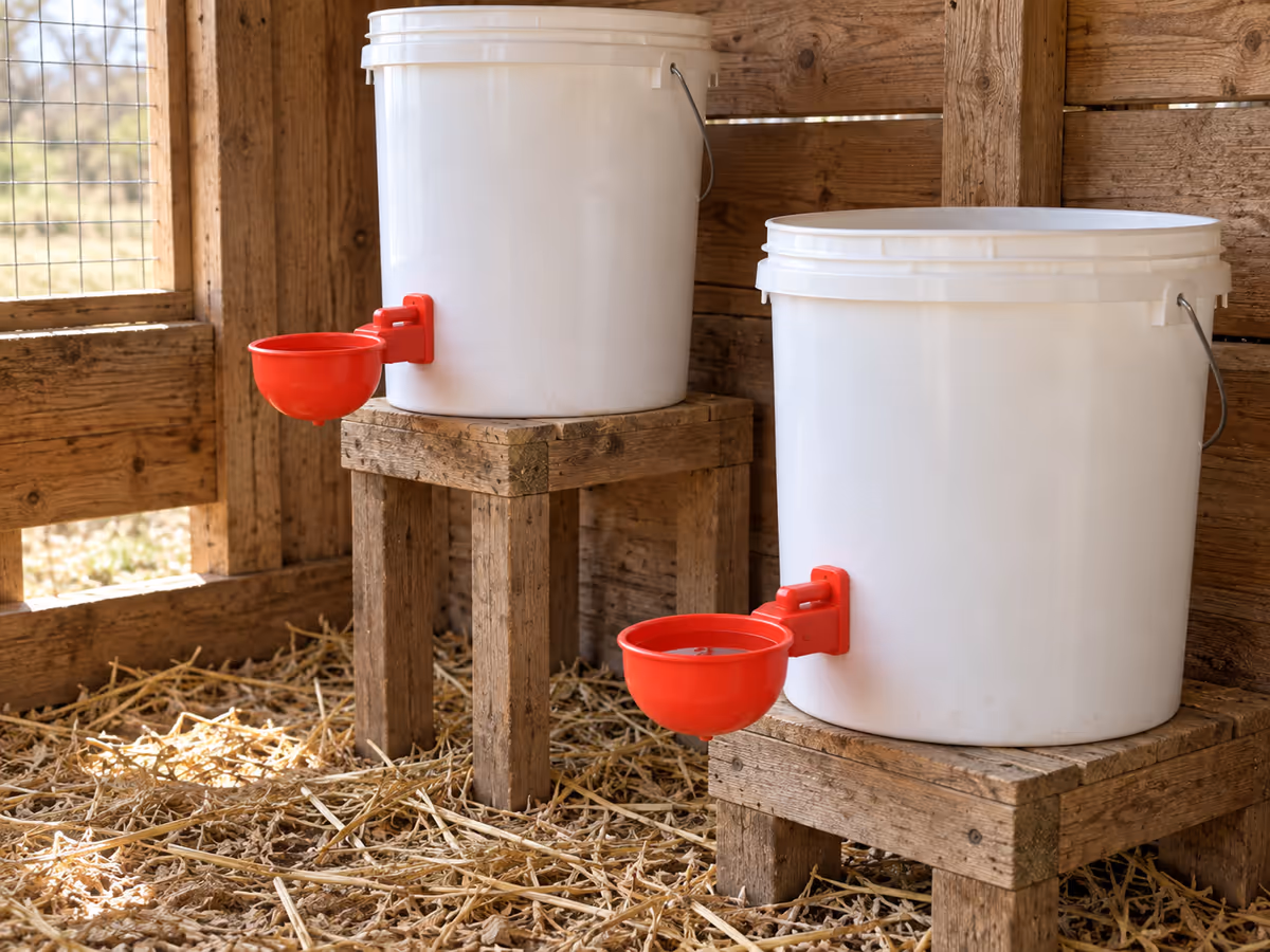 Deux bidons blancs sur des supports de hauteurs différentes dans un poulailler en bois, un bol abreuvoir rouge près du fond de chacun