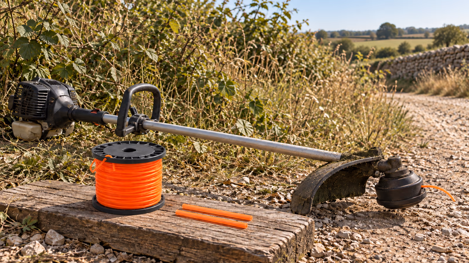 Débroussailleuse posée sur un chemin de terre au bord d'une friche, bobine de fil de coupe orange à section étoile et deux brins recoupés sur une planche à côté