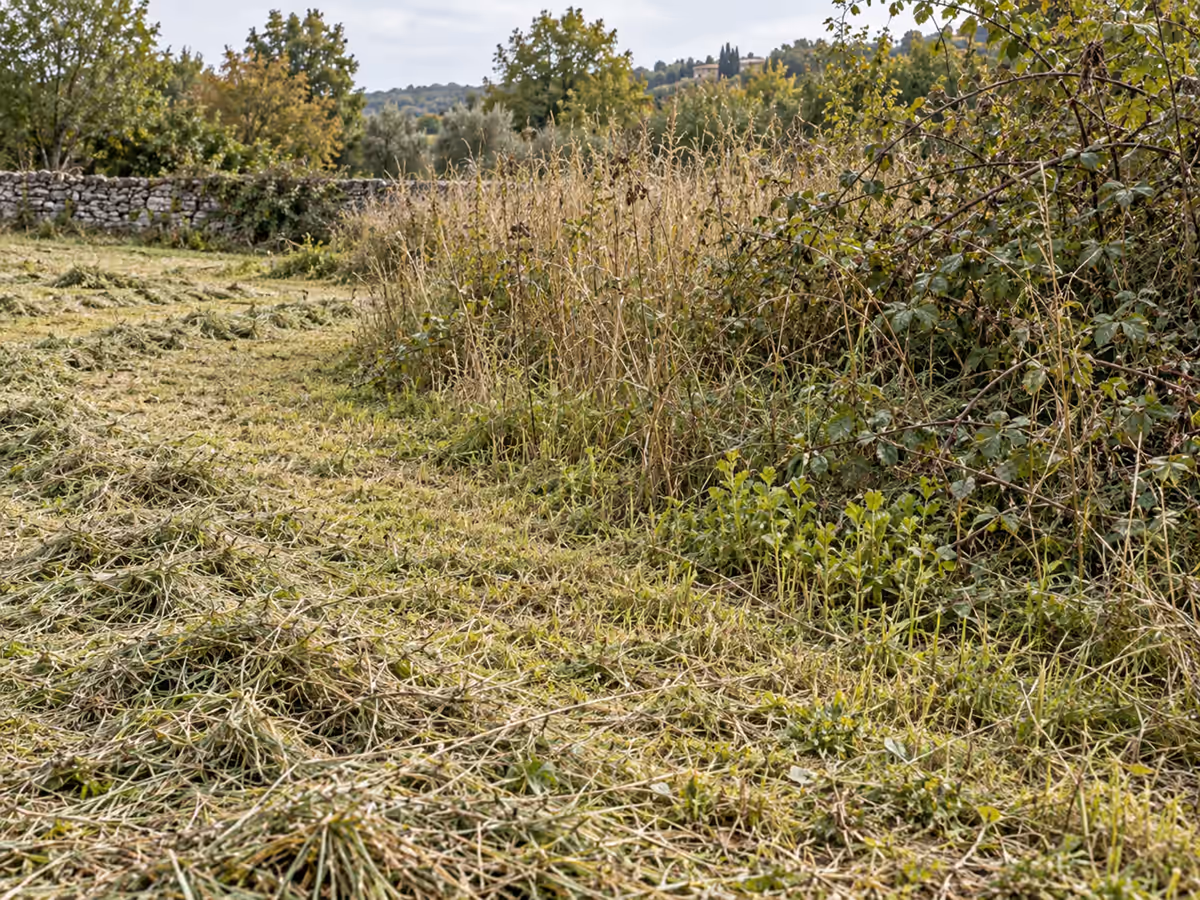 Parcelle de friche fauchée en deux passes, andains d'herbes hautes au sol et repousses rases au pied d'un roncier, en lisière de terrain