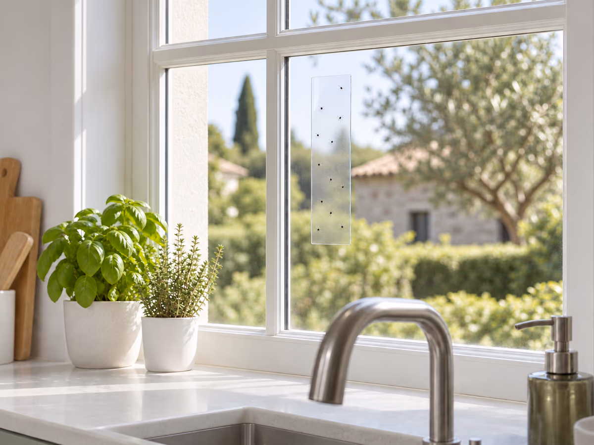 Bande collante transparente posée sur la vitre d'une fenêtre de cuisine, au-dessus d'un évier et d'un rebord de plantes