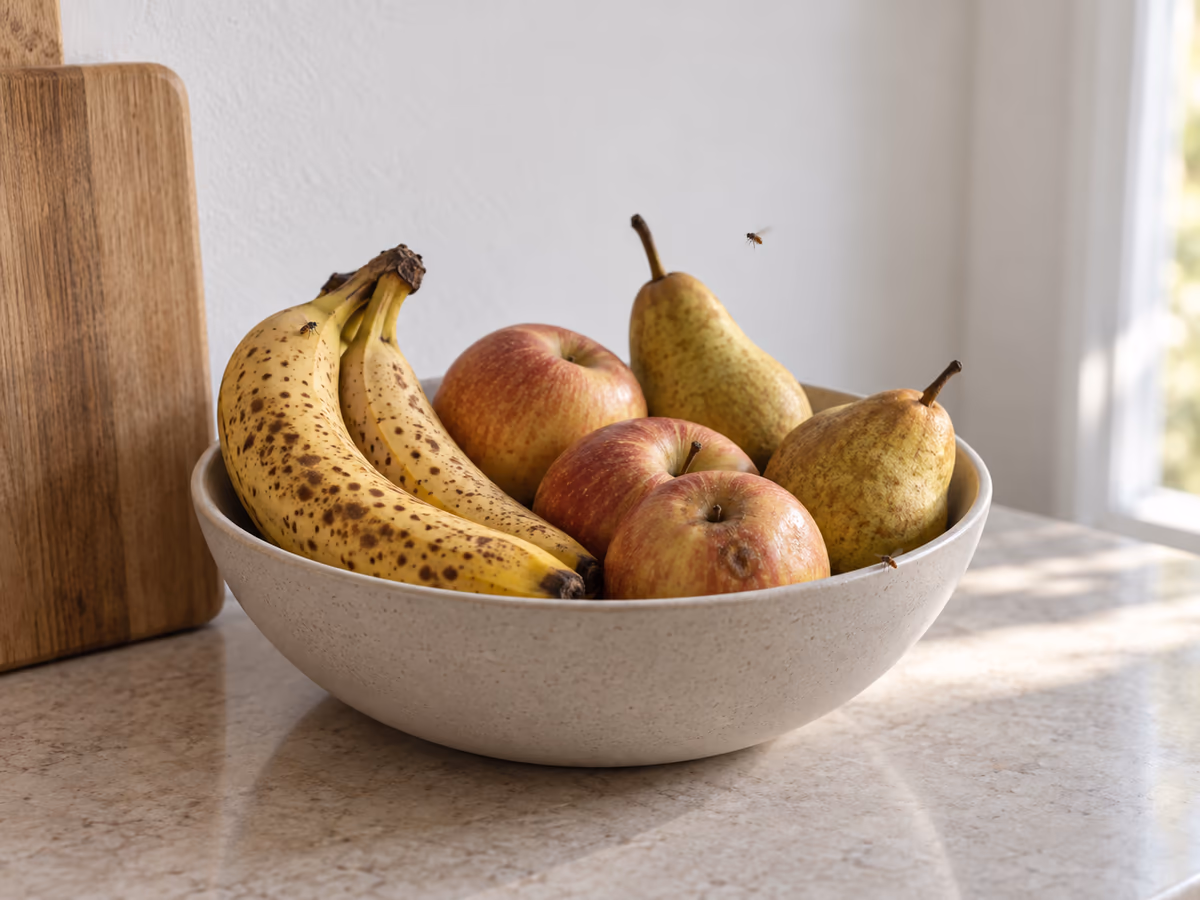 Corbeille de fruits mûrs sur un plan de travail de cuisine, bananes tachées et pommes côte à côte